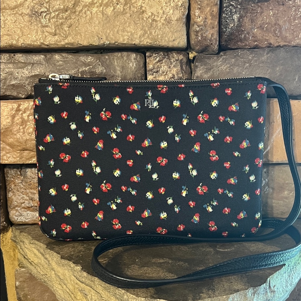 RLL Ralph Lauren Crossbody Navy with Flowers, Black Strap with Silver Zippers